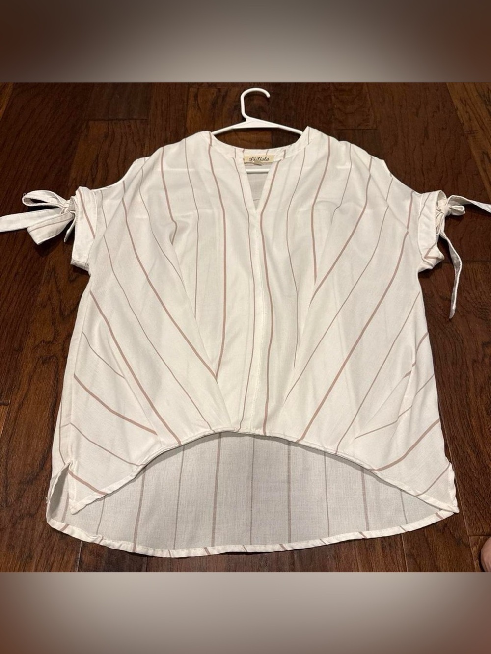 Listicle Cream Top with Pink Pinstripes and Tie Sleeves